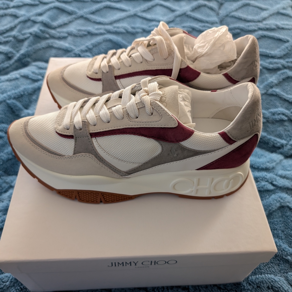 Jimmy Choo White and Burgundy Sneakers
